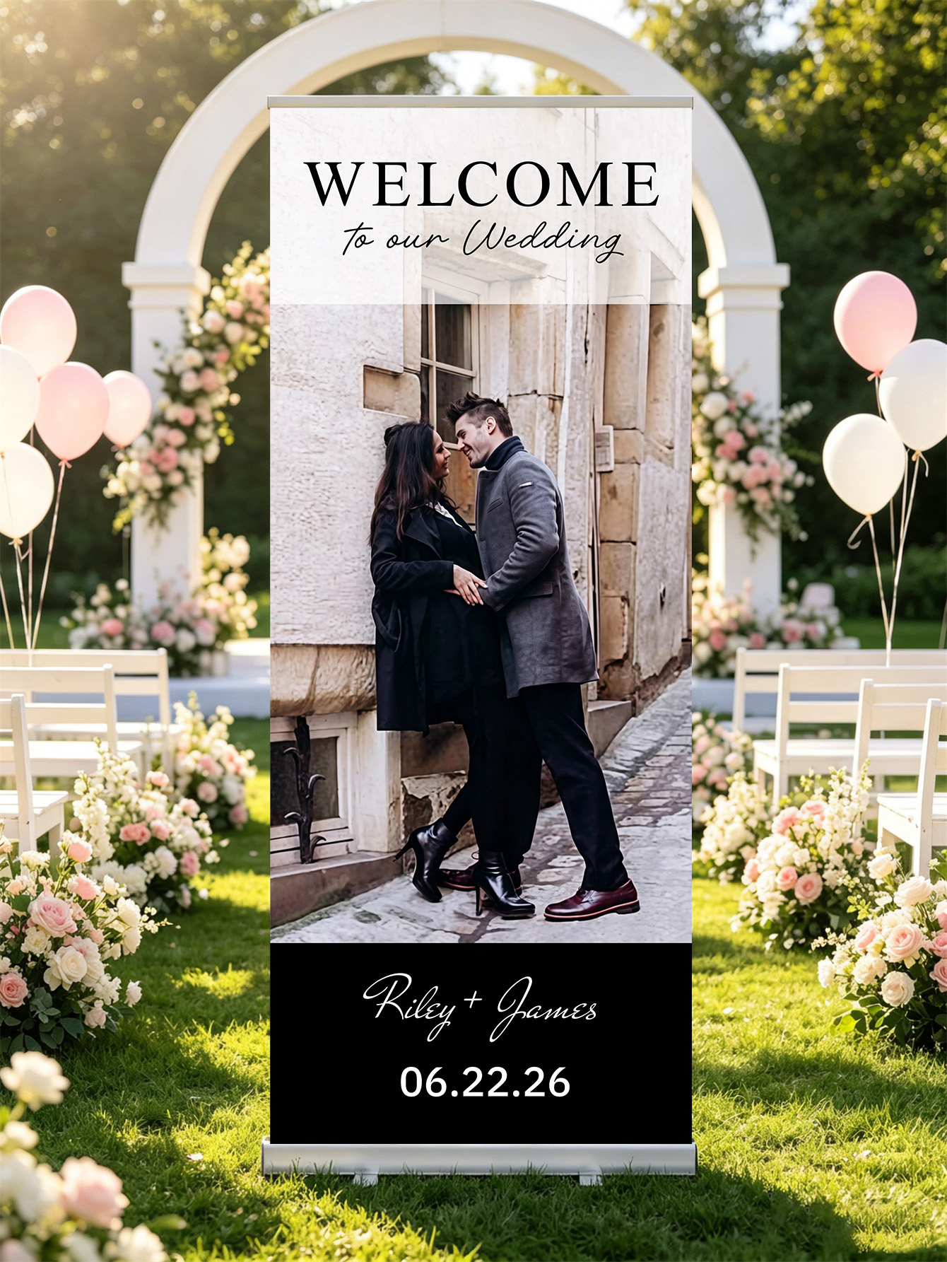 Customized wedding retractable banners - personalized photo wedding welcome signs, reception decorations and background curtains